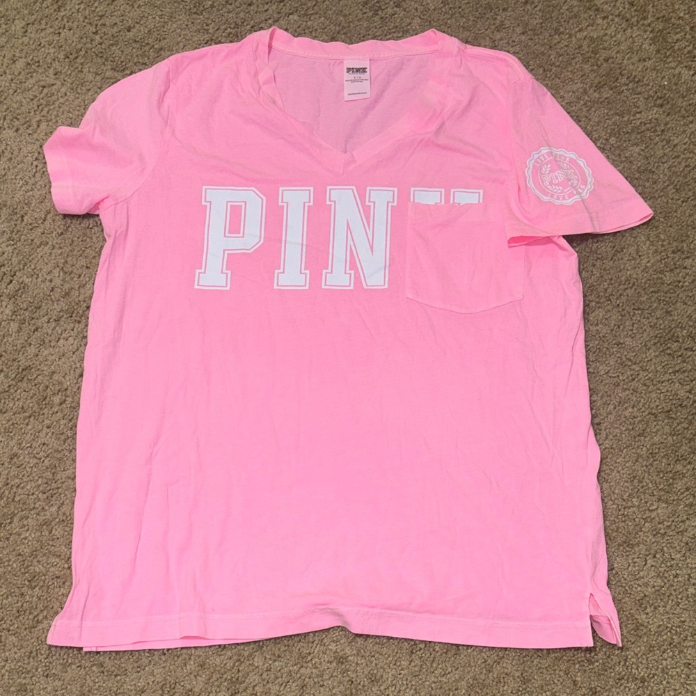 PINK Victoria's Secret Bright Pink V-Neck Pocket Tee